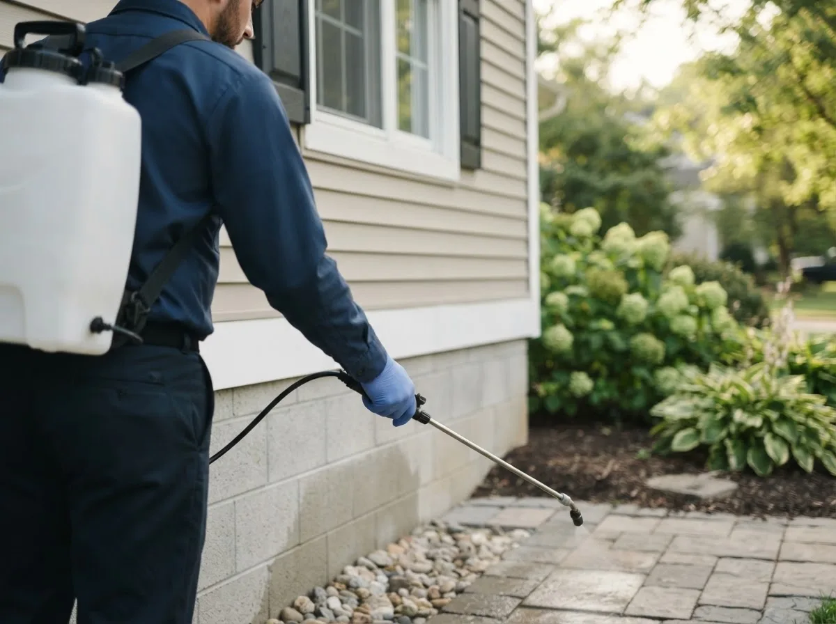 Pest control technician inspecting a home in Powderly, KY